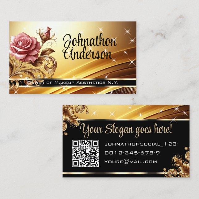 QR Code Template Deluxe Golden Rose Luxury Chic  Business Card (Front/Back)