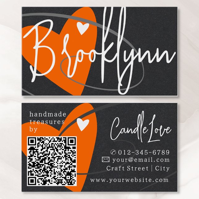 QR Code Template Orange Made Love Heart Crafters Business Card (Creator Uploaded)
