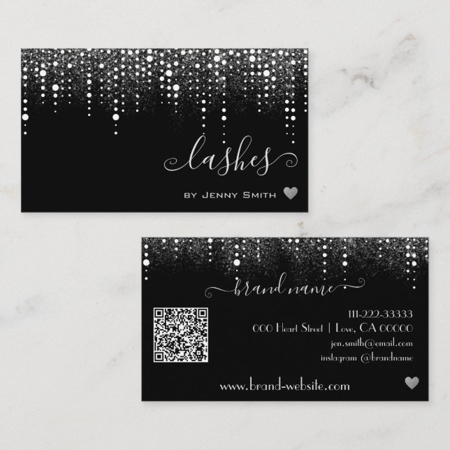 QR Code Template Pretty Drips Silver Glitter Rain Business Card (Front/Back)