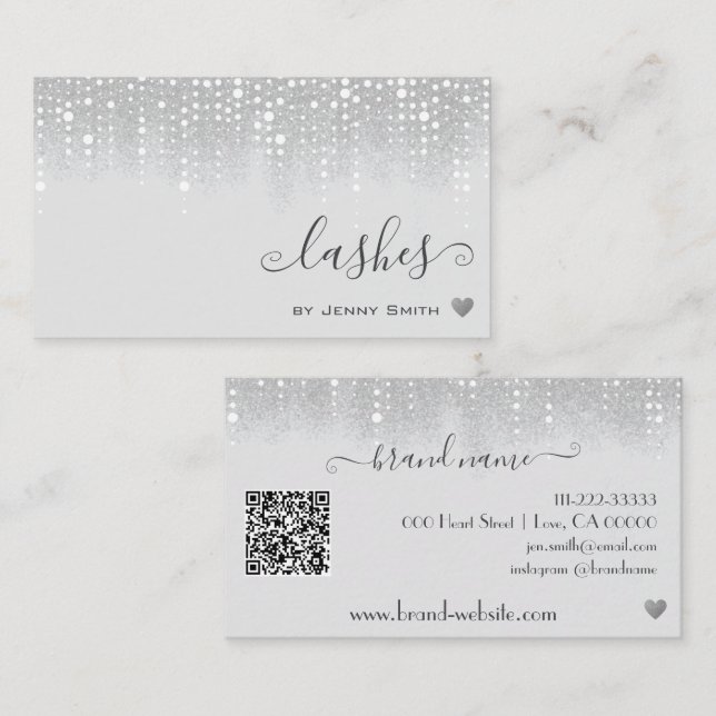 QR Code Template Pretty White Silver Glitter Rain Business Card (Front/Back)