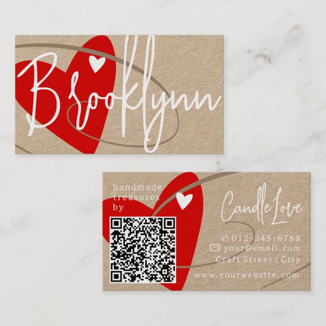QR Code Template Red Made With Love Heart Crafters Business Card (Front/Back)