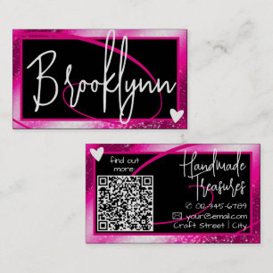 QR Code Template Stylish Girly Pink Frame Heart Business Card