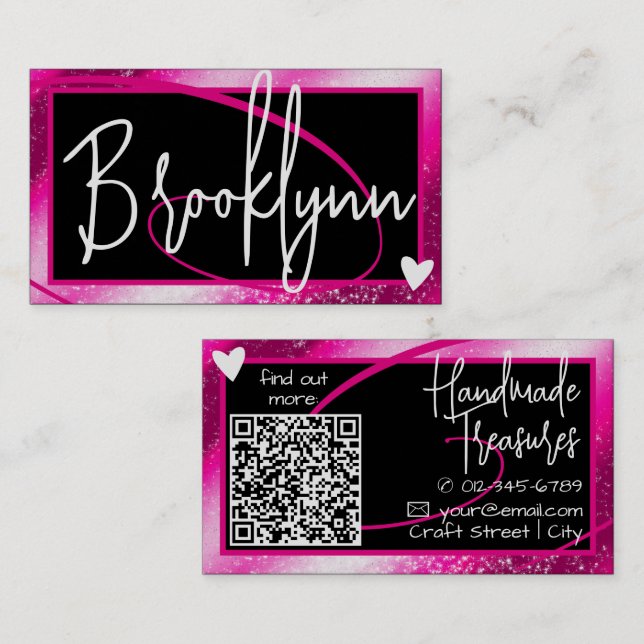 QR Code Template Stylish Girly Pink Frame Heart  Business Card (Front/Back)