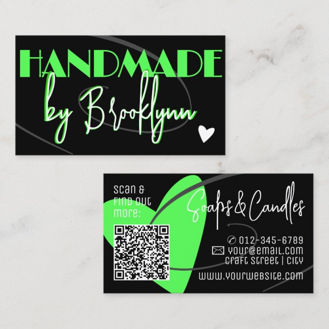 QR Code Template Stylish Green Handmade Heart  Business Card (Front/Back)