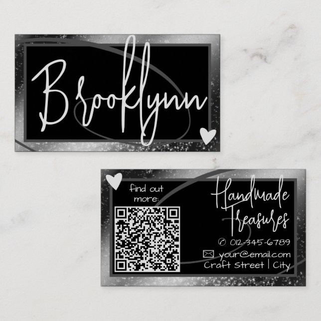 QR Code Template Stylish Silver Grey Frame Heart  Business Card (Front/Back)
