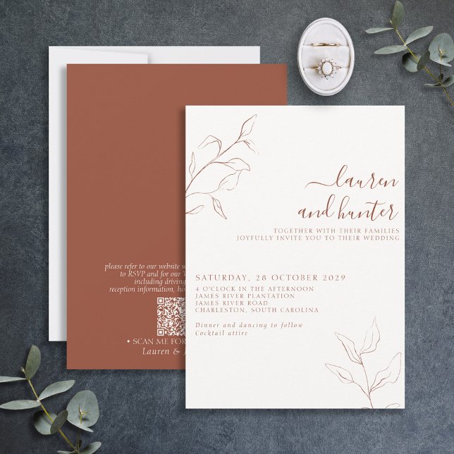 QR Code Terracotta Burnt Orange Botanical Wedding Invitation (Creator Uploaded)
