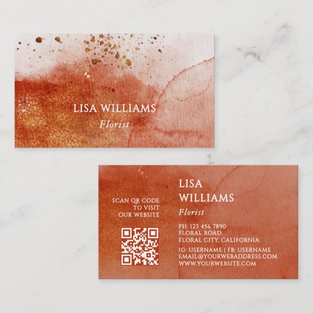 QR Code Terracotta Gold Watercolor Background Business Card (Front/Back)