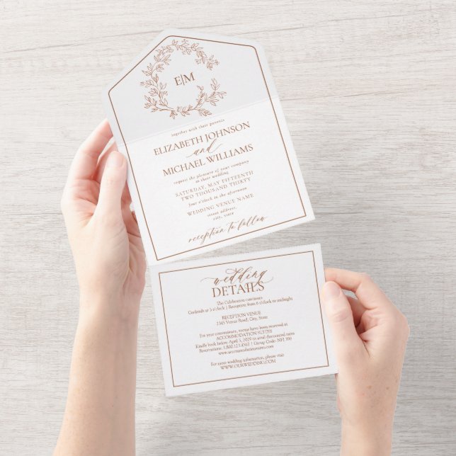 QR Code Terracotta Leafy Crest Monogram Wedding All In One Invitation (Tearaway)