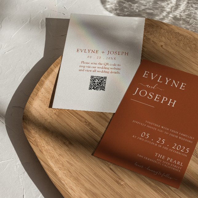 QR Code Terracotta Minimalist Boho Modern Wedding Invitation (Creator Uploaded)