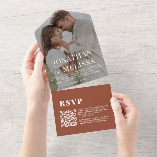 QR Code |  Terracotta Simple Overlay Photo Wedding All In One Invitation (Tearaway)