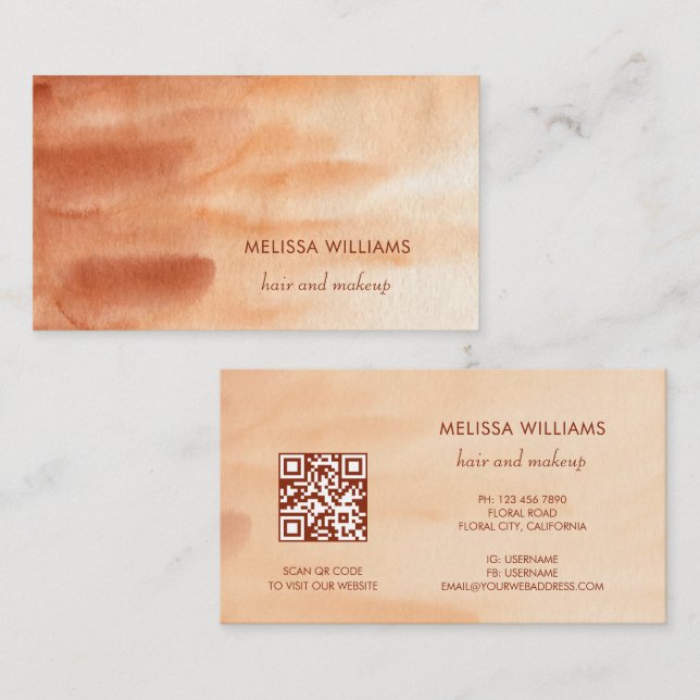 QR Code Terracotta Simple Watercolor Background Business Card (Front/Back)