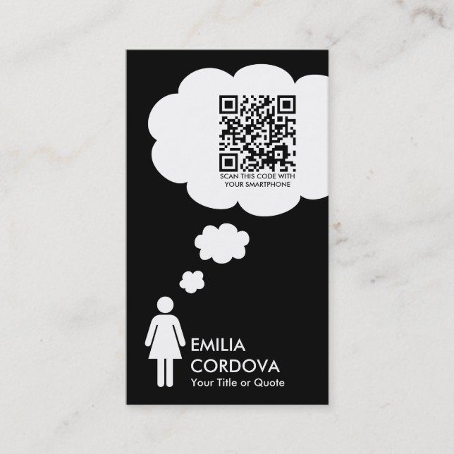 qr code thought bubble (female stick figure) business card (Front)