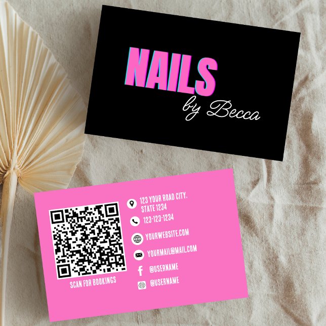 QR Code Trendy Hot Pink Minimal Nail Tech Business Card (Creator Uploaded)
