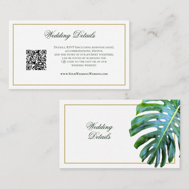 QR Code Tropical Greenery Monstera Wedding Details Enclosure Card (Front/Back)