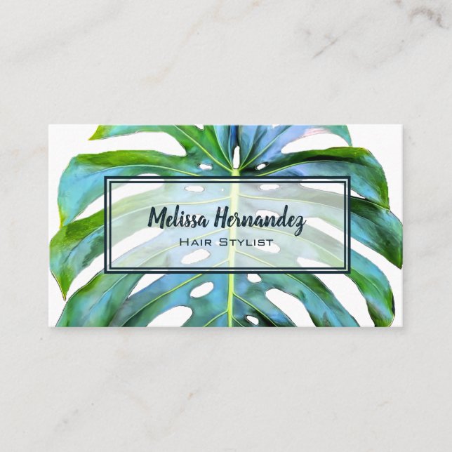 QR Code Tropical Leaf Greenery Hair Stylist Beach Business Card (Front)