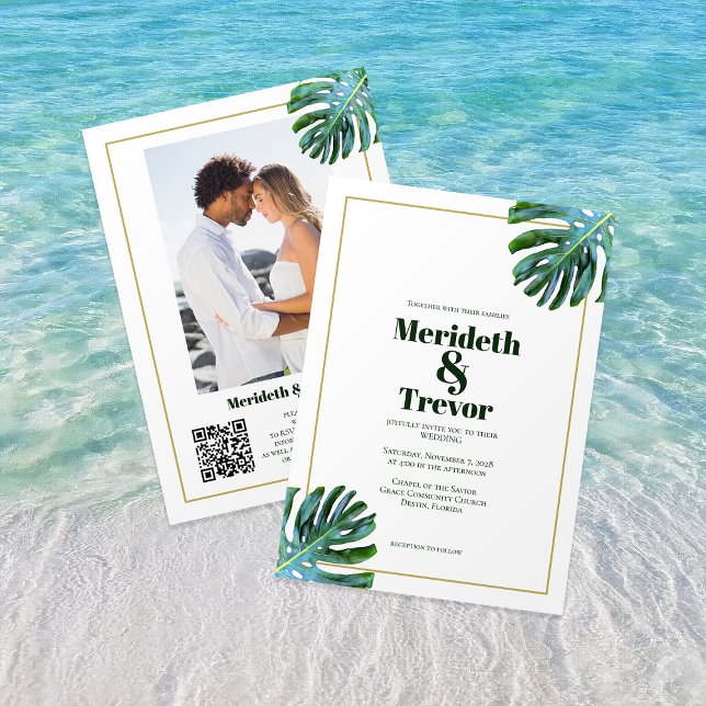 QR Code Tropical Monstera Leaves Gold Photo Beach Invitation (Creator Uploaded)