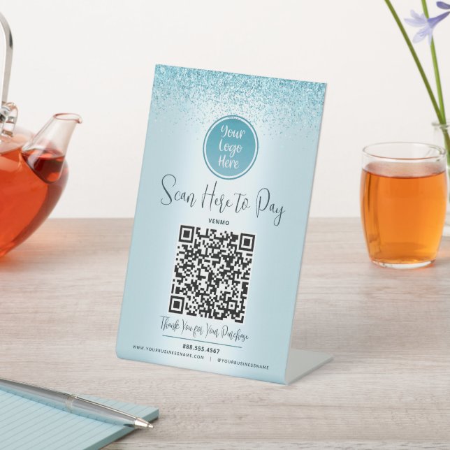 QR Code Turquoise Glitter Custom Logo Pay Here Pedestal Sign (In SItu)