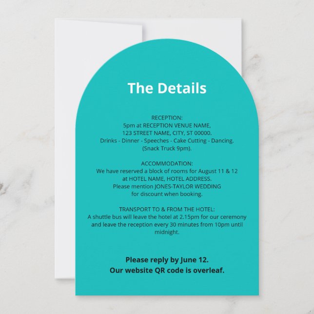 QR Code Turquoise Wedding Details Card (Front)