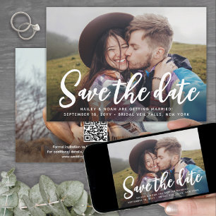 QR Code & Two Photos Modern Trendy Script Wedding Save The Date