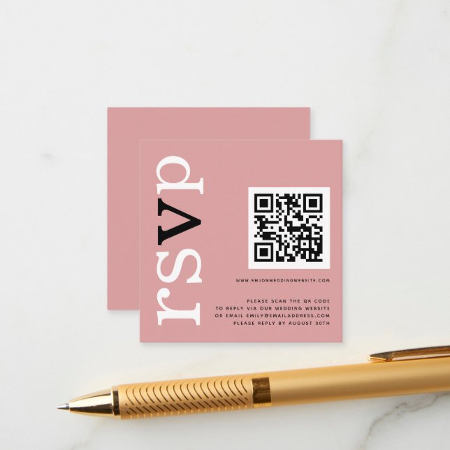 QR Code Typography Dusty Rose Wedding Online RSVP Enclosure Card (Front/Back In Situ)