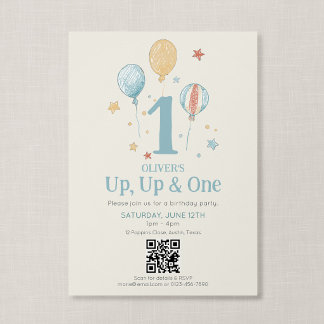 QR Code Up Up One Vintage Balloon First Birthday Invitation