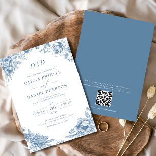 QR Code Victorian French Dusty Blue Wedding Invitation