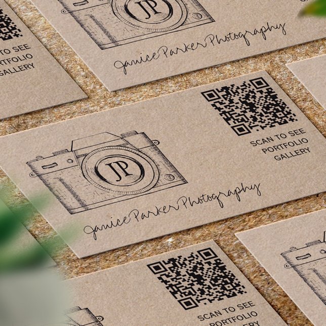 QR CODE vintage camera photographer kraft Business Card (Creator Uploaded)