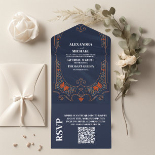 QR Code Vintage Library Book Wedding All In One Invitation