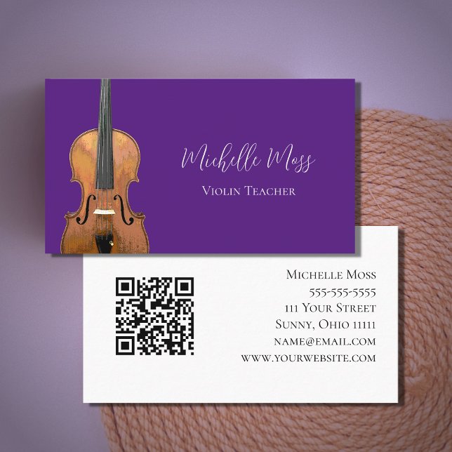 QR code Violin Teacher Purple Musician  Business Card (Creator Uploaded)
