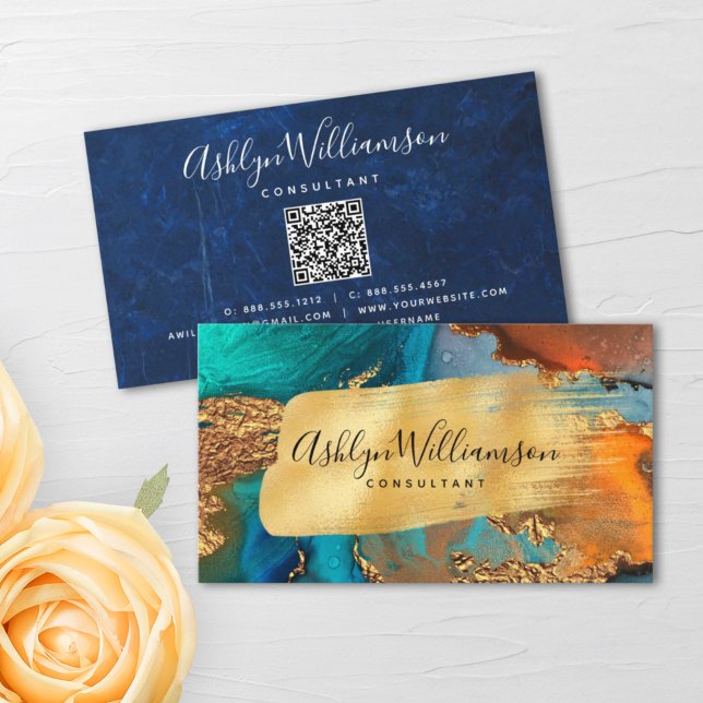 QR Code watercolor agate gold turquoise script Business Card (Creator Uploaded)