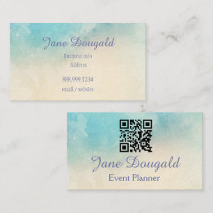 QR Code Watercolor Pastel Blues Pink Custom Business Card