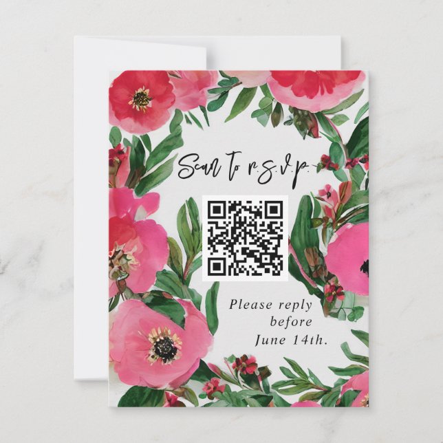 QR Code Watercolor Pink Anemone Wedding RSVP (Front)