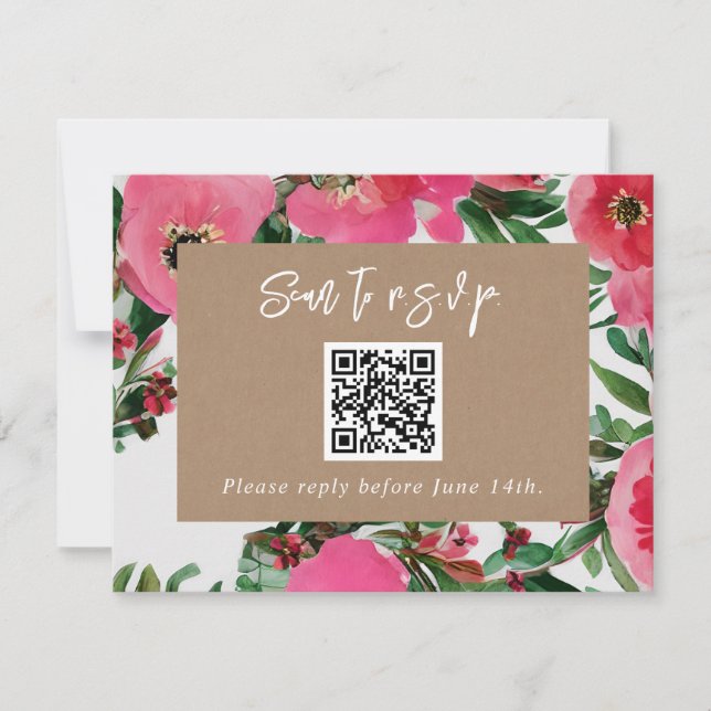 QR Code Watercolor Pink Anemone Wedding RSVP (Front)