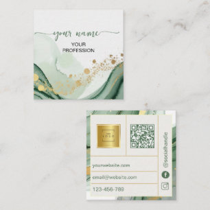 Qr Code Watercolor Sage Green Gold  Square Business Card