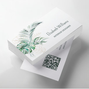 QR Code    Watercolor Tropical Leaves Business Card
