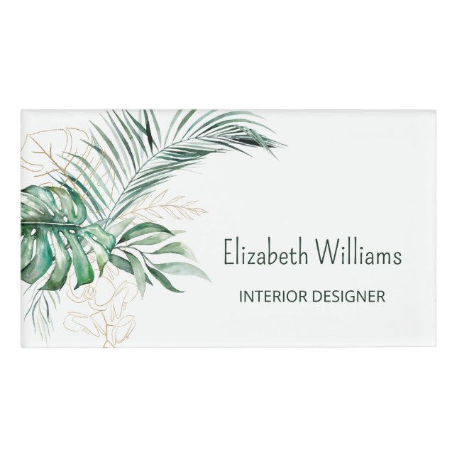 QR Code |  Watercolor Tropical Leaves Name Tag (Front)