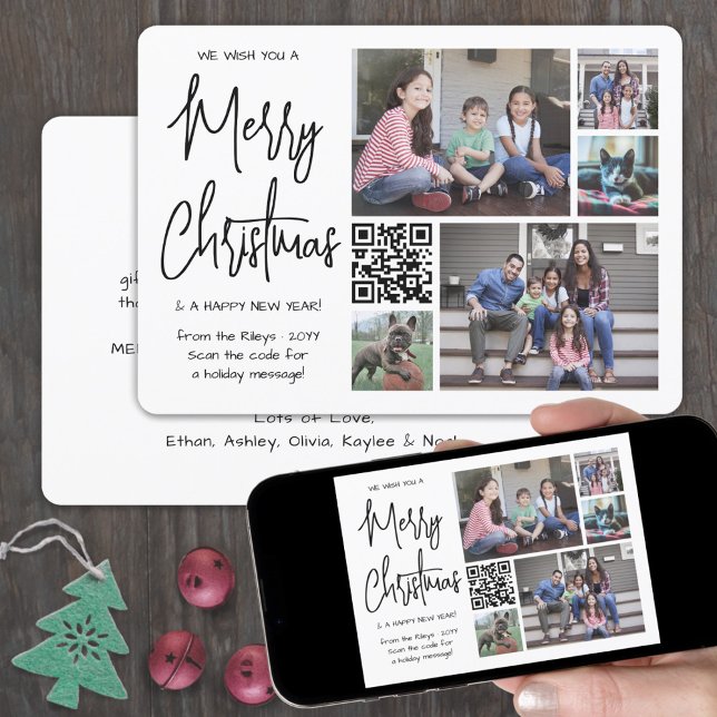 QR Code We Wish You a Merry Christmas 5 Photo Holiday Card (Creator Uploaded)