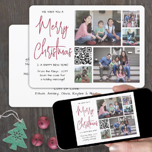 QR Code We Wish You a Merry Christmas Red 5 Photo Holiday Card