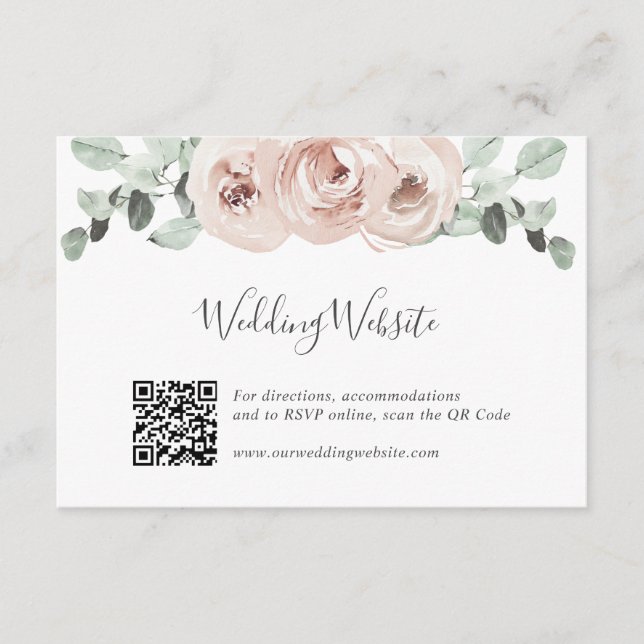 QR Code Website Floral Greenery Dusty Rose Wedding Enclosure Card (Front)
