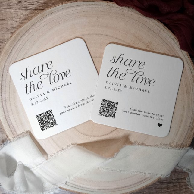 QR Code Wedding Coasters Share the Love (Personalized wedding coasters with QR codes for guests to upload photos.)