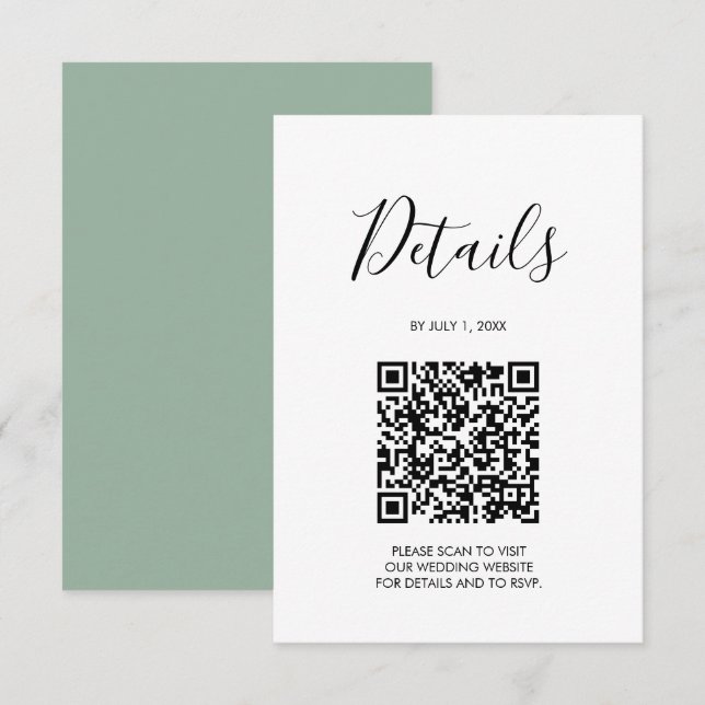 QR code Wedding Details Sage Green RSVP Card (Front/Back)