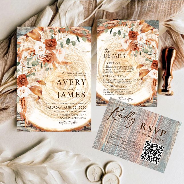 QR Code Wedding Invitation Boho Pampas Wood Slice  (Creator Uploaded)