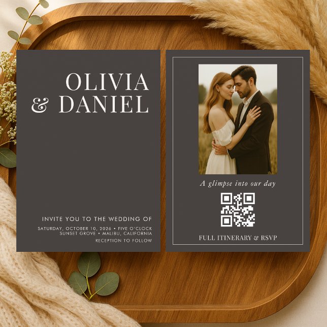 QR Code Wedding Mocha Brown Minimalist Photo  Invitation (Creator Uploaded)