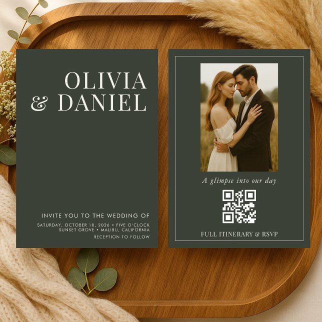 QR Code Wedding Olive Green Minimalist Photo Invitation (Creator Uploaded)