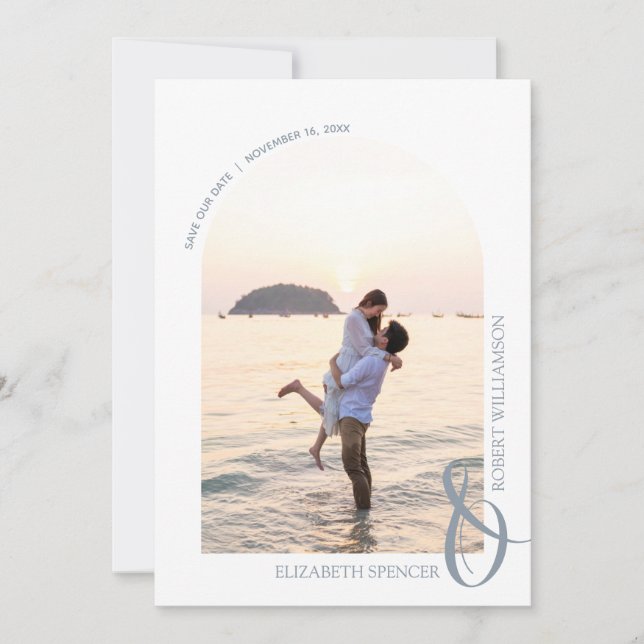 QR Code Wedding Photo Dusty Blue Save The Date (Front)
