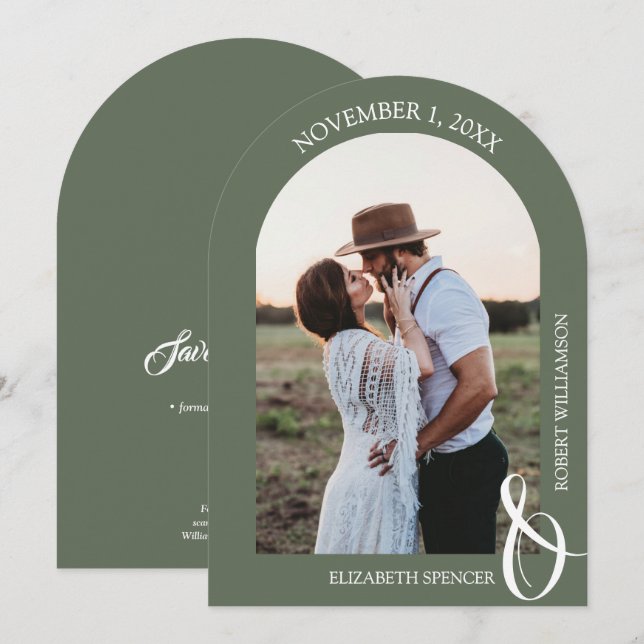 QR Code Wedding Photo Sage Green Save the Date (Front/Back)