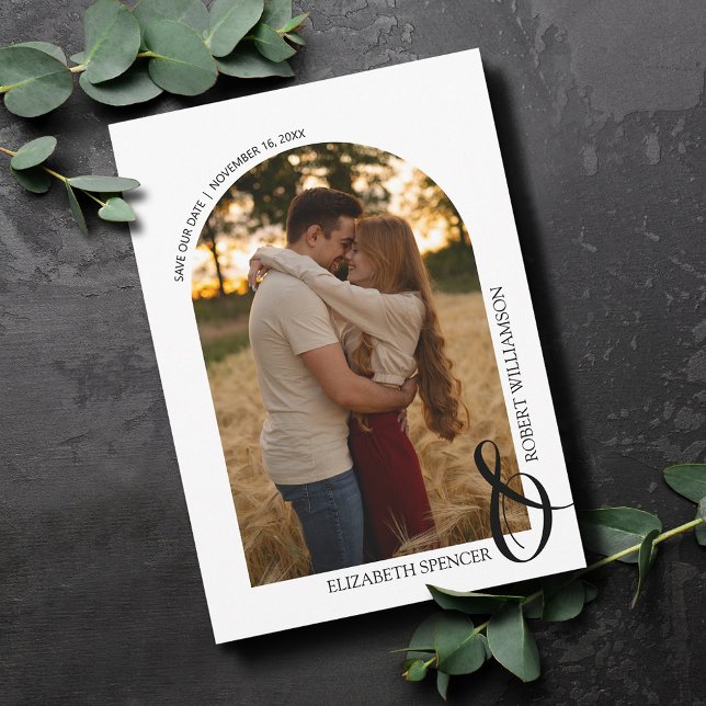 QR Code Wedding Photo Save the Date (Arched photo wedding save the date cards with our website QR code on the back)