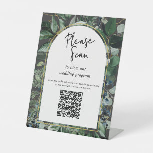 QR code wedding program Modern Botanical Greenery Pedestal Sign