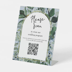 QR code wedding program Modern Botanical Greenery  Pedestal Sign