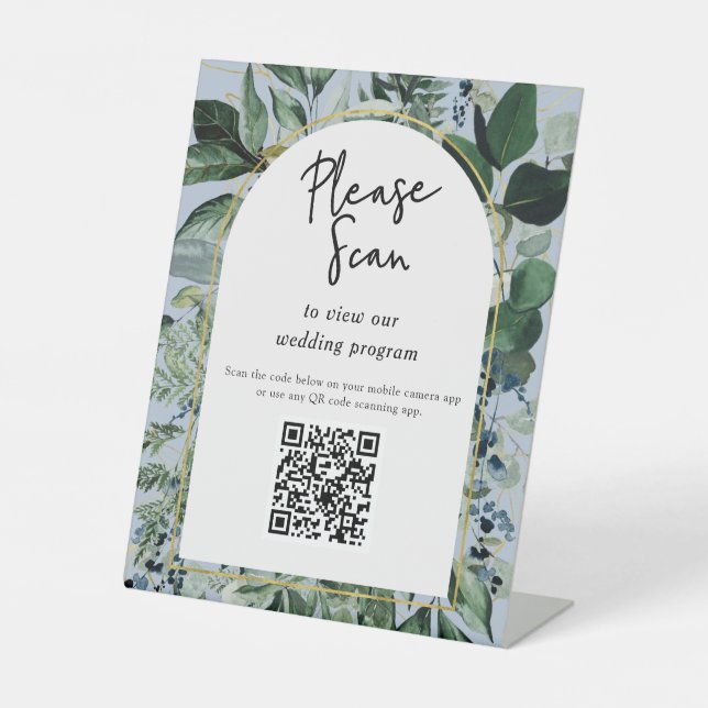 QR code wedding program Modern Botanical Greenery  Pedestal Sign (Front)